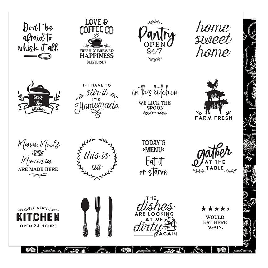 Fresh Picked 2 - Black and White 3x3 Cooking Signs - Single Sheets