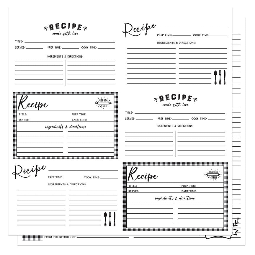 Fresh Picked 2 - Black and White Recipe Cards - Single Sheets