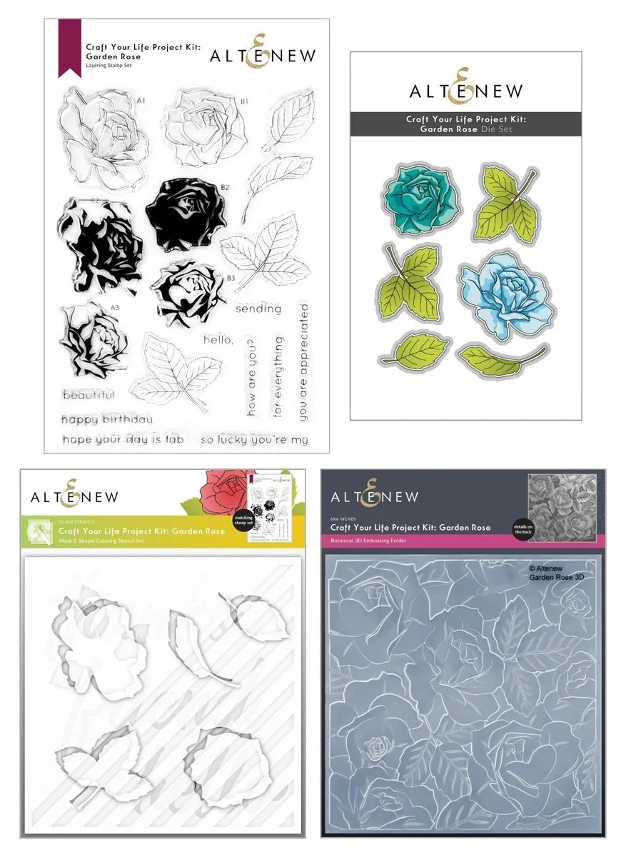 Garden Rose Stamp Set, Embossing Folder, Dies and Stencils Bundle