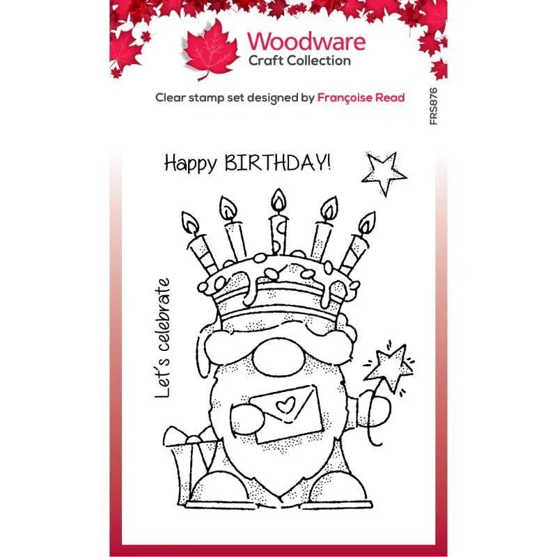 Woodware Clear Singles Birthday Cake Gnome 4 in x 6 in Stamp